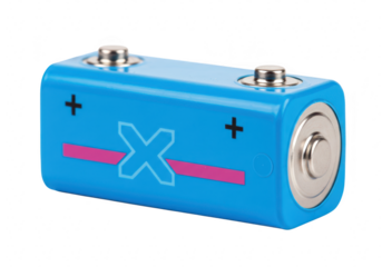 A bright blue rectangular battery with silver terminals and a graphic design, isolated isolated on transparent background
