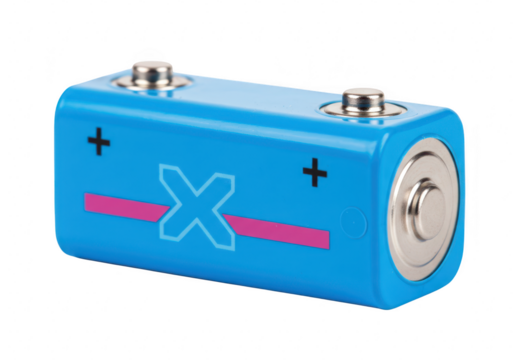A bright blue rectangular battery with silver terminals and a graphic design, isolated isolated on transparent background