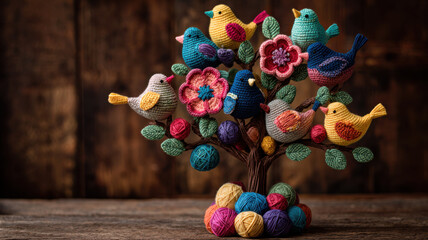 A handcrafted yarn tree with colorful crocheted birds and bright flowers, resting on multicolored yarn balls, in a cozy crafting space with a wooden background, creating a vibrant, whimsical scene.
