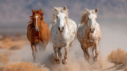 Running horses in desert landscape, wild stallions galloping through sand for nature, strength or freedom concept