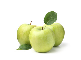 Fresh green apples with leaves isolated on white