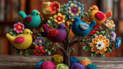 A handcrafted yarn tree with colorful crocheted birds and bright flowers, resting on multicolored yarn balls, in a cozy crafting space with a wooden background, creating a vibrant, whimsical scene.