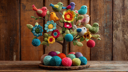 A handcrafted yarn tree with colorful crocheted birds and bright flowers, resting on multicolored yarn balls, in a cozy crafting space with a wooden background, creating a vibrant, whimsical scene.