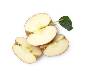 Pieces of fresh apple and leaf isolated on white, top view