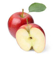 Half and whole red apples with leaf isolated on white