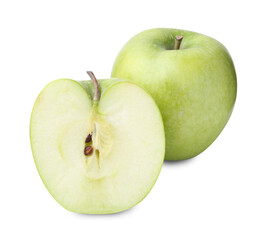 Cut and whole green apples isolated on white