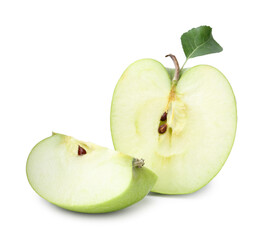 Pieces of fresh apple and leaf isolated on white
