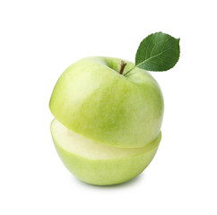 Fresh apple slices with leaf isolated on white