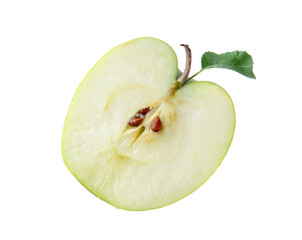 Half of fresh apple with leaf isolated on white