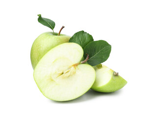 Cut, whole apples and leaves isolated on white