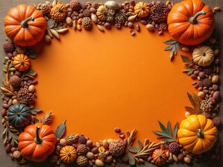 Autumn Seeds Flatlay Frame: Top-down flatlay of autumn-inspired seeds arranged as a warm frame around a deep orange solid color center, evoking the cozy and rich hues of the fall season.