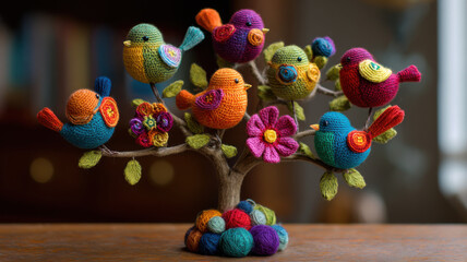 A handcrafted yarn tree with colorful crocheted birds and bright flowers, resting on multicolored yarn balls, in a cozy crafting space with a wooden background, creating a vibrant, whimsical scene.
