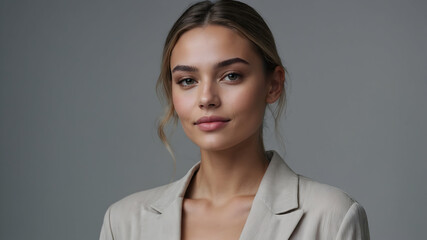 Portrait of a blonde woman with natural makeup wearing a blazer, exuding confidence and style in a studio setting.