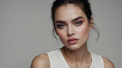 A stunning portrait of a woman showcasing her natural beauty enhanced with subtle makeup and a captivating gaze.