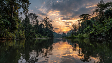 A wide tropical river flows through dense rainforest at sunset, with orange, yellow, and purple hues in the sky reflected on the calm water below.