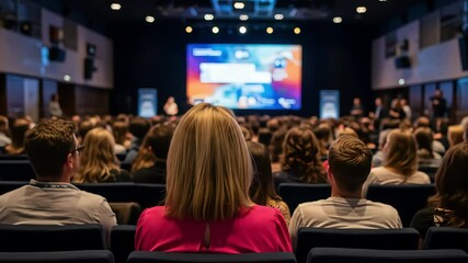 A diverse audience attentively watches a presentation at a conference in a modern auditorium, with a large screen displaying engaging content in the background