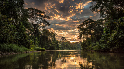 A wide tropical river flows through dense rainforest at sunset, with orange, yellow, and purple hues in the sky reflected on the calm water below.