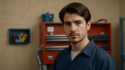 A handsome mechanic in a blue uniform stands confidently in his workshop, surrounded by his tools and equipment. He looks serious 