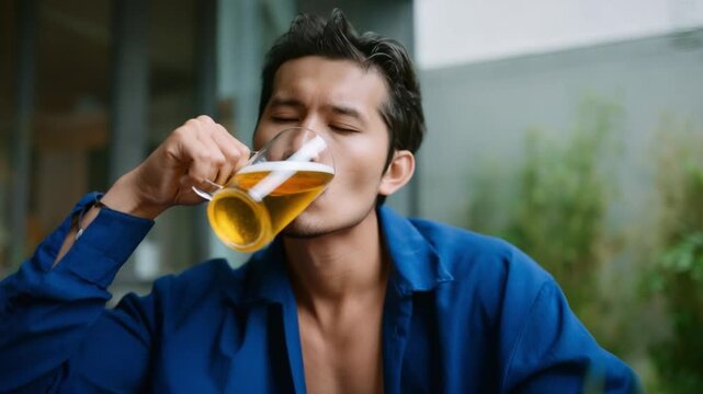 Man savoring Beer: Captured in a close-up shot, a man takes a satisfying swig of chilled beer from a glass, his eyes closed in a moment of pure enjoyment, highlighting the simple pleasures of life.