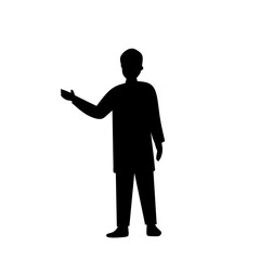Silhouette of a standing man raising one arm, wearing traditional long shirt and pants. Black vector figure isolated on white background, simple flat design