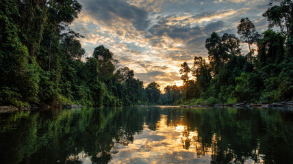 A wide tropical river flows through dense rainforest at sunset, with orange, yellow, and purple hues in the sky reflected on the calm water below.