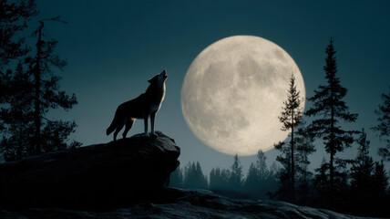 A wolf stands atop a rock, howling at the full moon on a bright night, surrounded by a coniferous forest, with the wolf and moon prominently featured in the foreground.