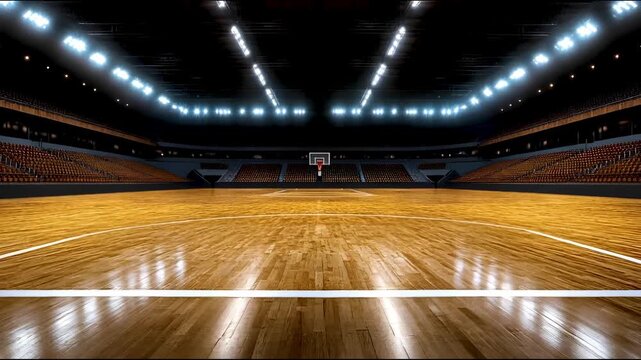 Empty basketball court in modern arena with bright lights and polished wood floor during pregame setting