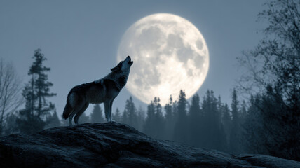 A wolf stands atop a rock, howling at the full moon on a bright night, surrounded by a coniferous forest, with the wolf and moon prominently featured in the foreground.