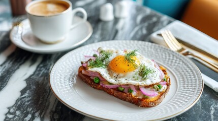 Elegant breakfast served on a marble table with fried egg and pea toast,