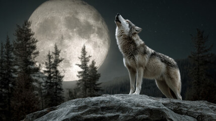 A wolf stands atop a rock, howling at the full moon on a bright night, surrounded by a coniferous forest, with the wolf and moon prominently featured in the foreground.