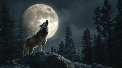 A wolf stands atop a rock, howling at the full moon on a bright night, surrounded by a coniferous forest, with the wolf and moon prominently featured in the foreground.