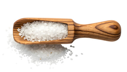 Natural sea salt crystals piled in a rustic wooden scoop and scattered on a surface isolated on transparent background