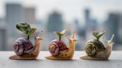 Three colorful snails with leaves sprouting from their shells, each a different hue, set against the backdrop of tall city buildings.