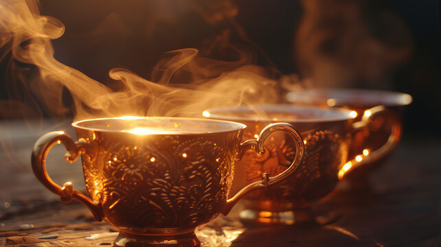 Ornate golden cup of coffee, cafecito. Evening tea steaming in warm light. Coffee with friends conversation. chalices hot beverage, tea leaves pattern steaming coffee silhouette. 