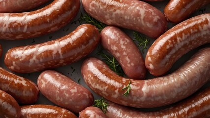 Fresh Italian Sausages Variety Displayed on Grey Background with Rosemary