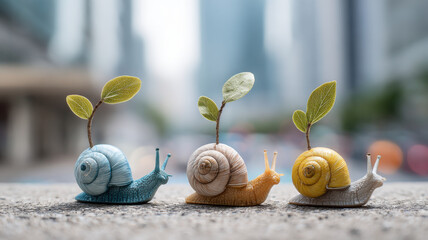 Three colorful snails with leaves sprouting from their shells, each a different hue, set against the backdrop of tall city buildings.