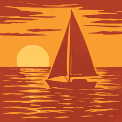 Naklejka premium A sailboat sailing on the water with a sunset in the background and orange sky with light clouds