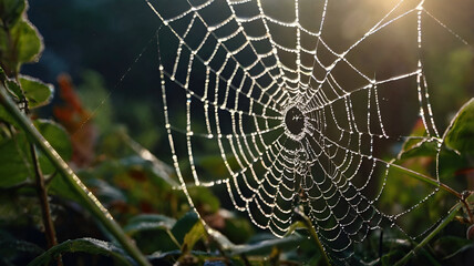 Fototapeta premium spider web and spider in Wild Coast In Quiberon landscape forest background,