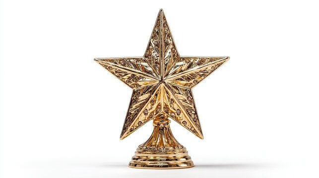 Shining star award trophy isolated on white, gold merit recognition symbol for achievement, excellence or celebration