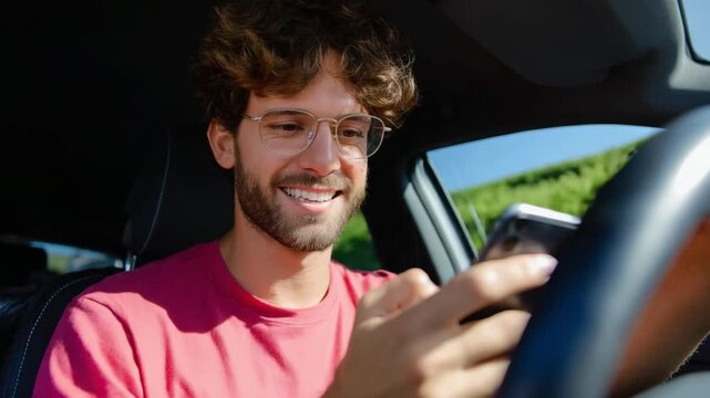Smiling Man Texting While Driving: A cheerful individual with glasses smiles while checking his device as he drives, showcasing modern mobile technology and its integration into daily life.