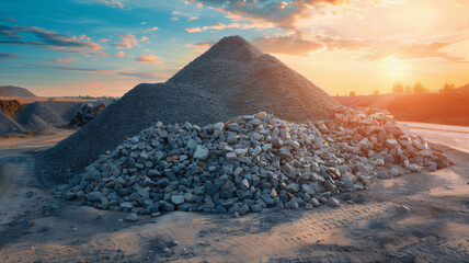 Gravel pile crushed stone construction, mining site on a sunlit background. Road base gravel sunset. Ore ship stone ccoarse ggregate sand factory. Gravel roof crusher run quarry stockpile compaction