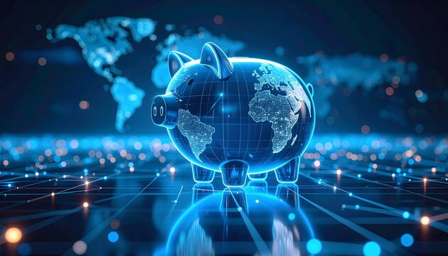 Digital piggy bank with a glowing world map overlay standing on a futuristic network grid, symbolizing global finance and digital economy.
