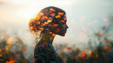 Silhouette of female amid blossoming wildflowers at sunset, double exposure