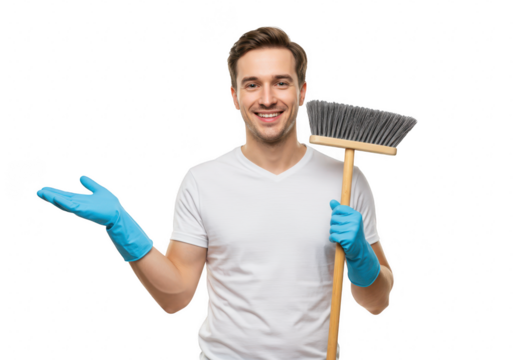 A smiling man wearing blue gloves holds a broom and gestures with his open hand, ready for cleaning isolated on transparent background