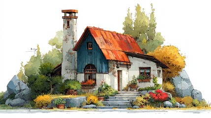 Small house with chimney on white background, cozy cottage exterior design for property, storybook or village art