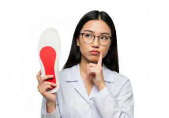 A thoughtful young asian woman in a white lab coat holds an insole, appearing to ponder a medical decision, isolated on a transparent background