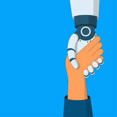 Robot hand pulling out or helping human hand. Concept of artificial intelligence helping people in difficult situations. Vector illustration.