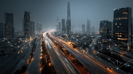 Smart urban infrastructure with connected devices, modern city IoT technology network for mobility and sustainability