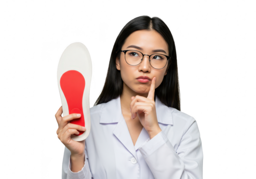 A thoughtful young asian woman in a white lab coat holds an insole, appearing to ponder a medical decision, isolated on a transparent background