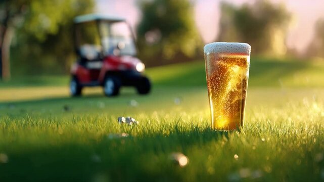 Refreshing Pint by Golf Course: A close-up shot of a chilled pint of beer on a golf course's verdant green, next to a golf cart under a radiant sky. Evoking relaxation and leisure.